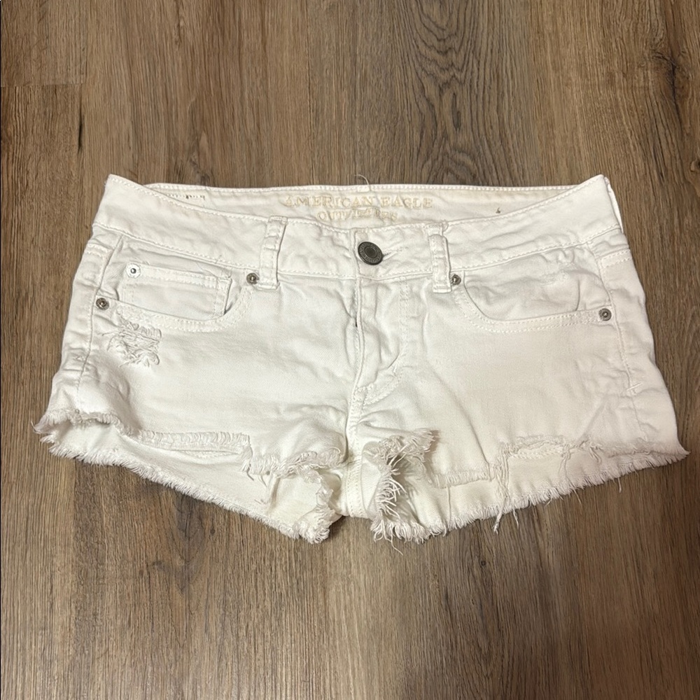 Vintage American Eagle Outfitters White Stretch Jean Shorts Distressed Raw-Edge
